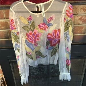 Anthropologie Sheer White Blouse with Floral Embroidery